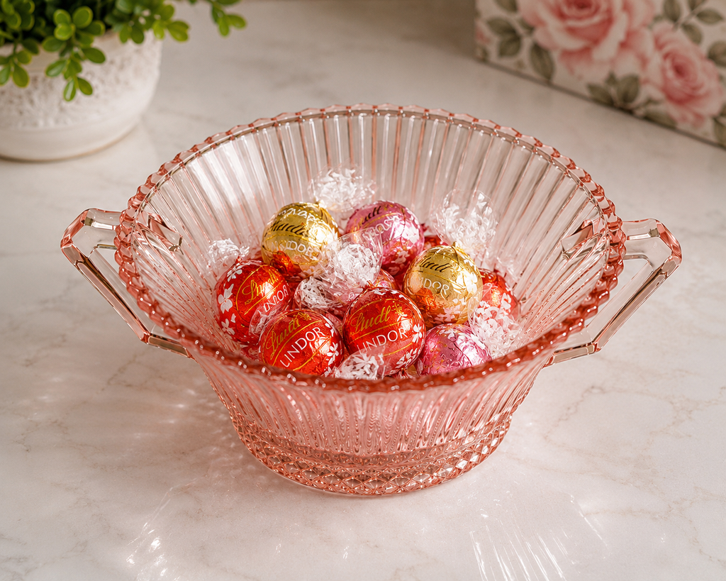SB-65--Vintage Pink Anchor Hocking Old Cafe Depression Glass Handled Bowl