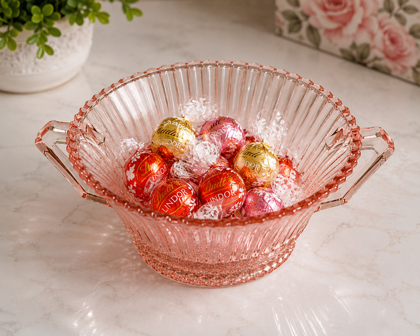 SB-65--Vintage Pink Anchor Hocking Old Cafe Depression Glass Handled Bowl