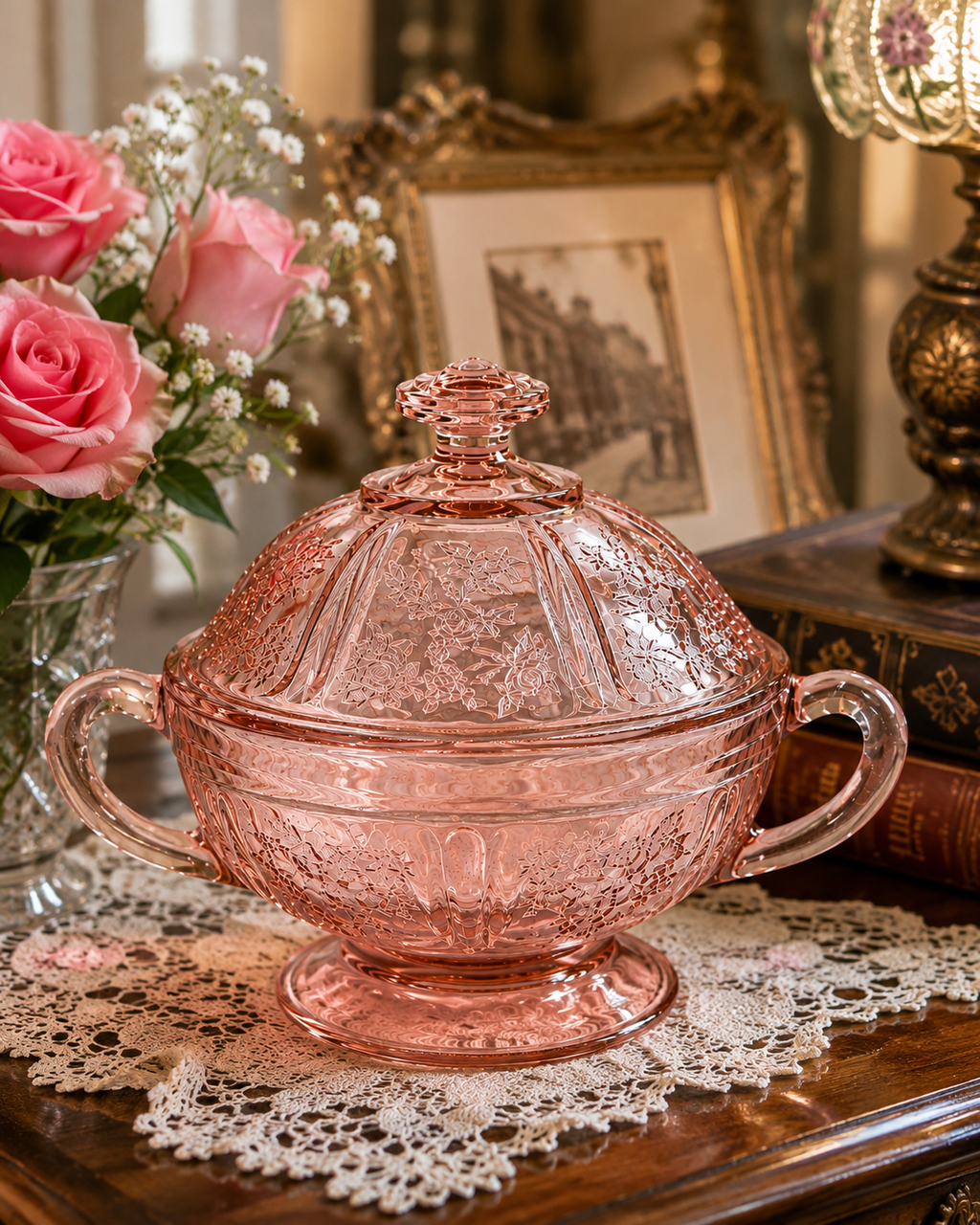 BD-65--Vintage Pink Depression Glass Covered Sugar Bowl with Lid | Floral Two Handle Footed Bowl |