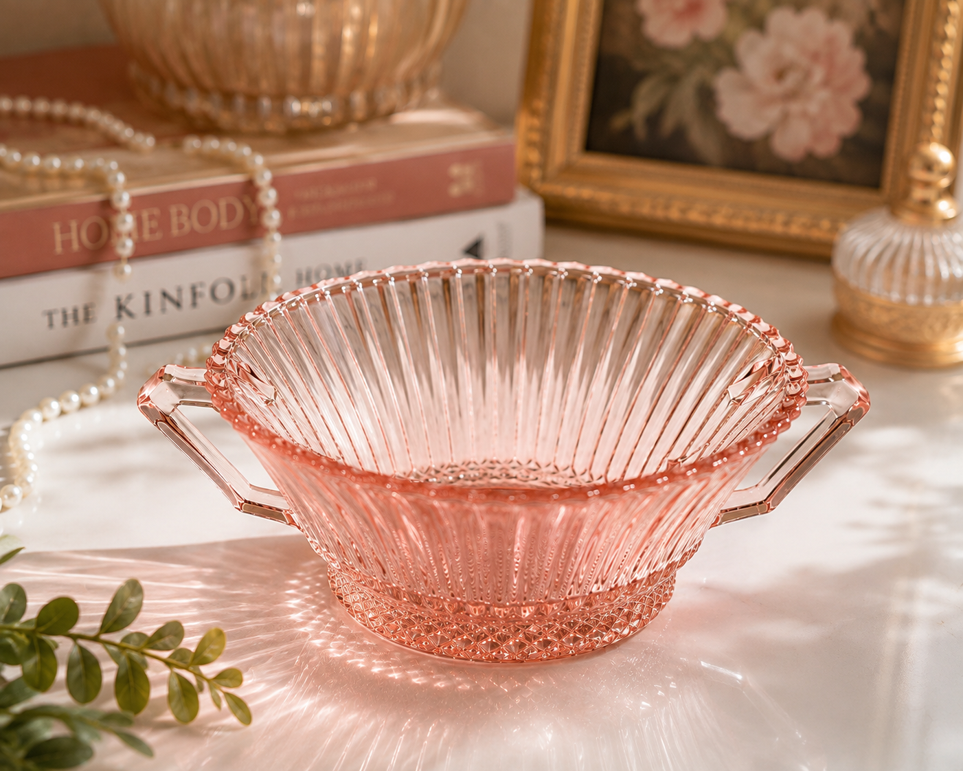 SB-65--Vintage Pink Anchor Hocking Old Cafe Depression Glass Handled Bowl