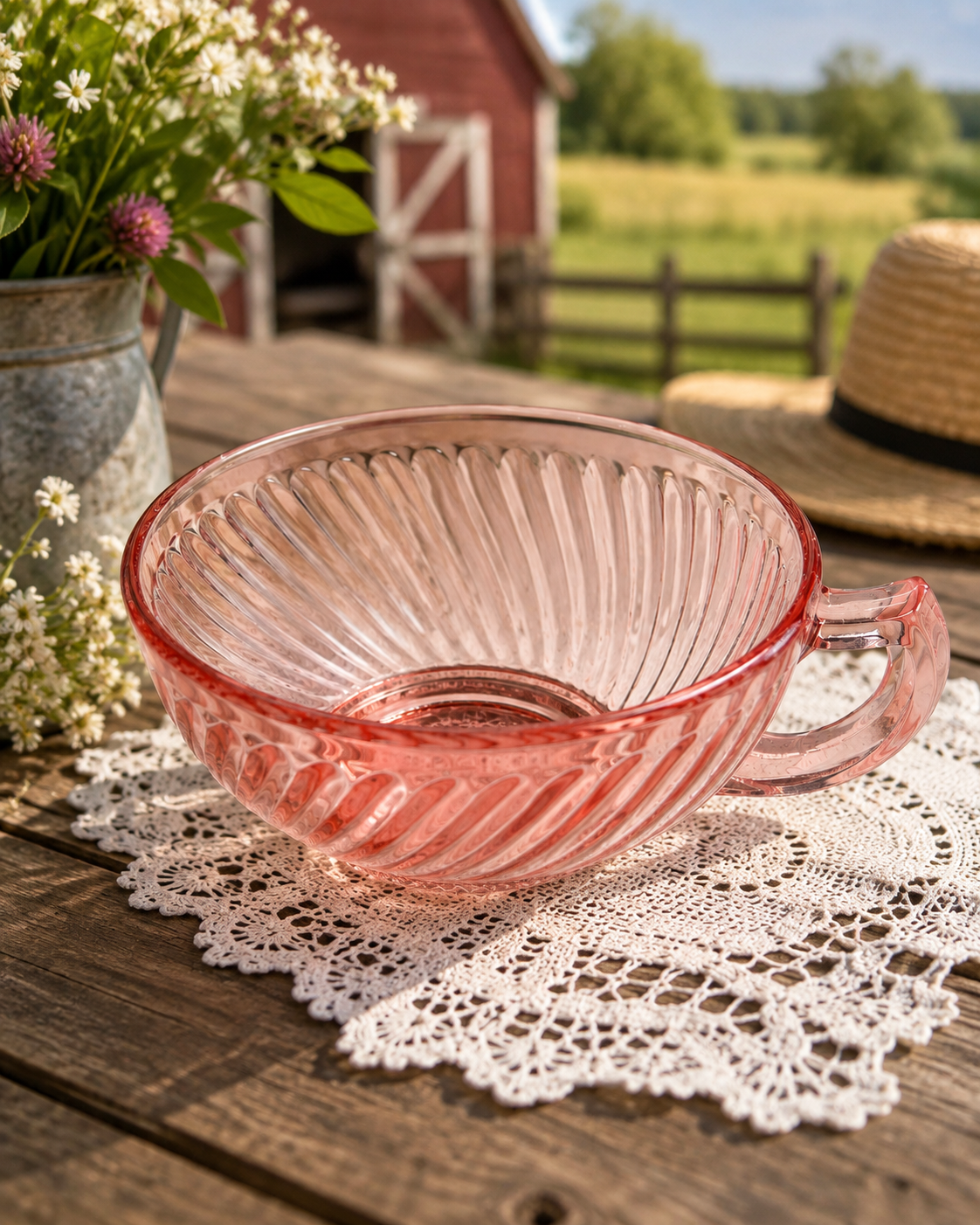 SB-67--Vintage Hocking Manhattan Pink Depression Glass One-Handled Ribbed Bowl 5.25" c. 1938–1943 DESCRIPTION