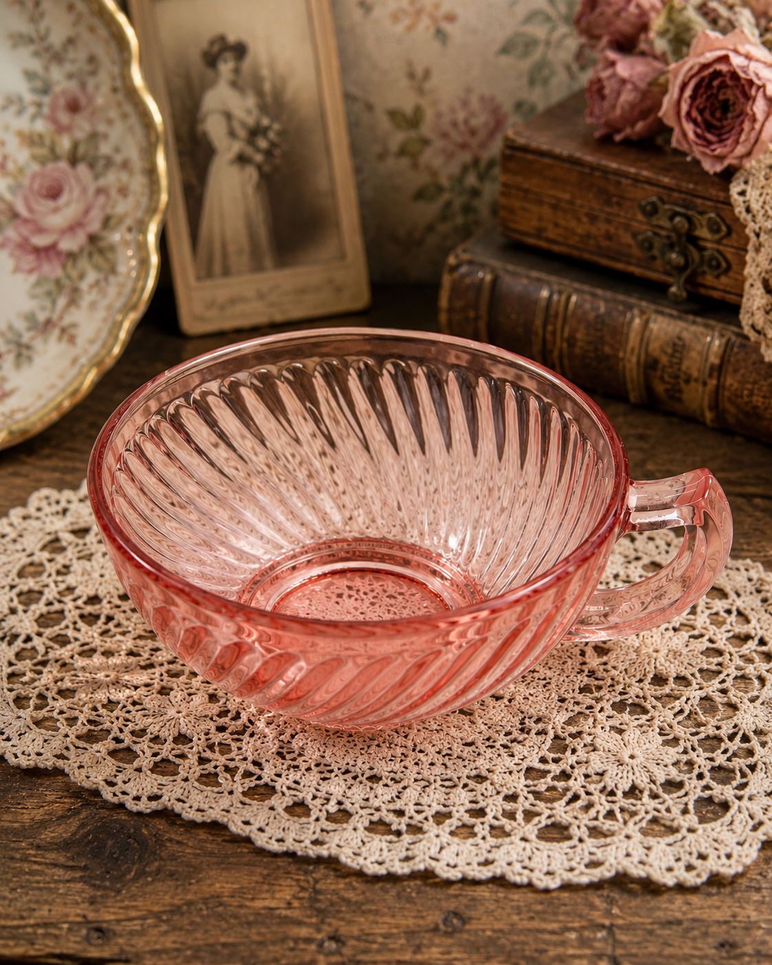 SB-67--Vintage Hocking Manhattan Pink Depression Glass One-Handled Ribbed Bowl 5.25" c. 1938–1943 DESCRIPTION
