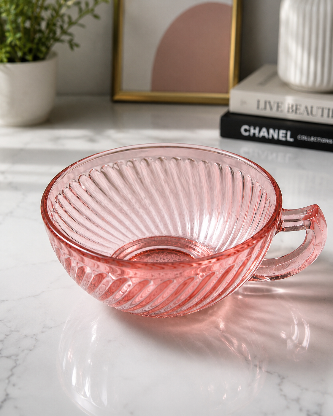 SB-67--Vintage Hocking Manhattan Pink Depression Glass One-Handled Ribbed Bowl 5.25" c. 1938–1943 DESCRIPTION