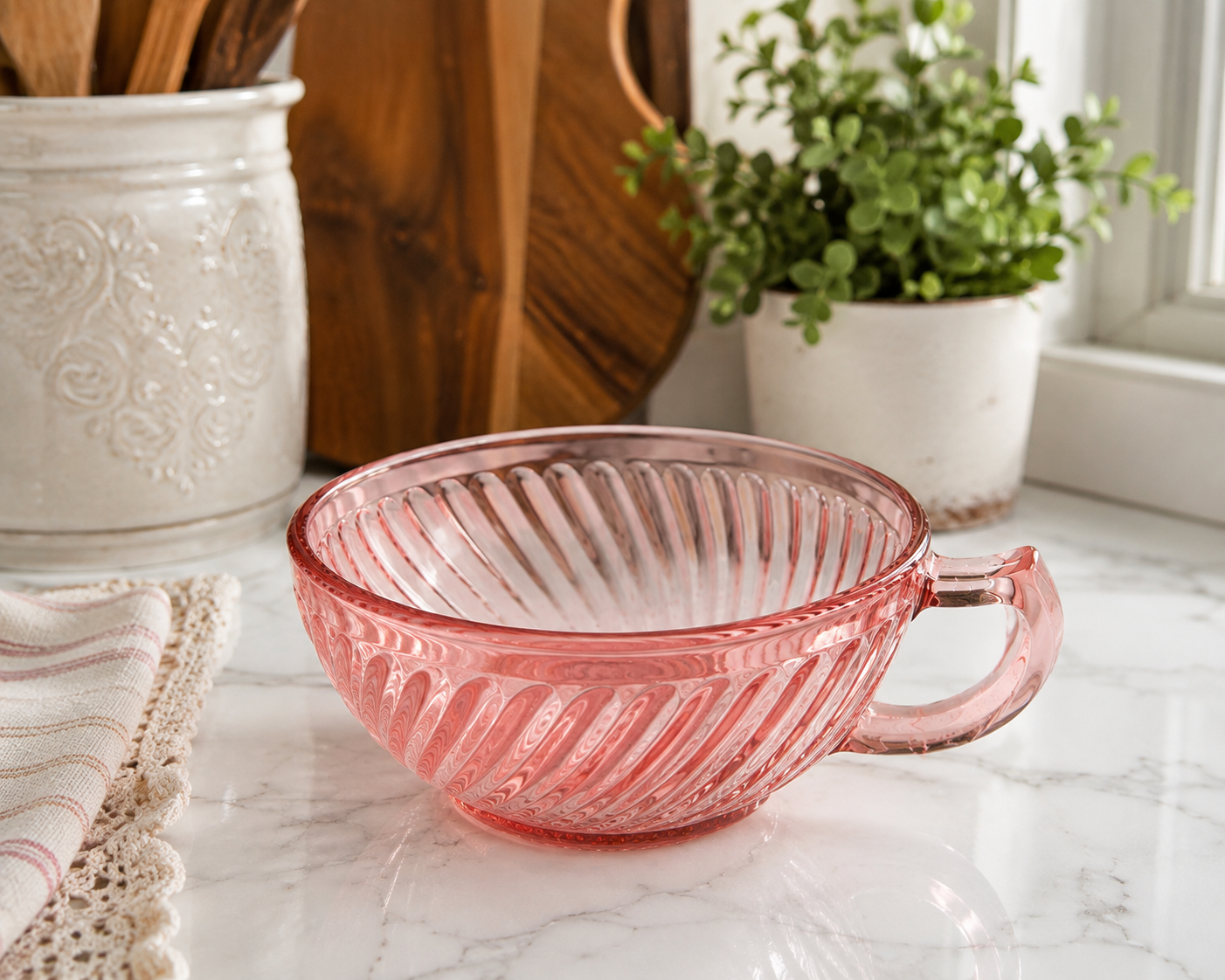 SB-67--Vintage Hocking Manhattan Pink Depression Glass One-Handled Ribbed Bowl 5.25" c. 1938–1943 DESCRIPTION