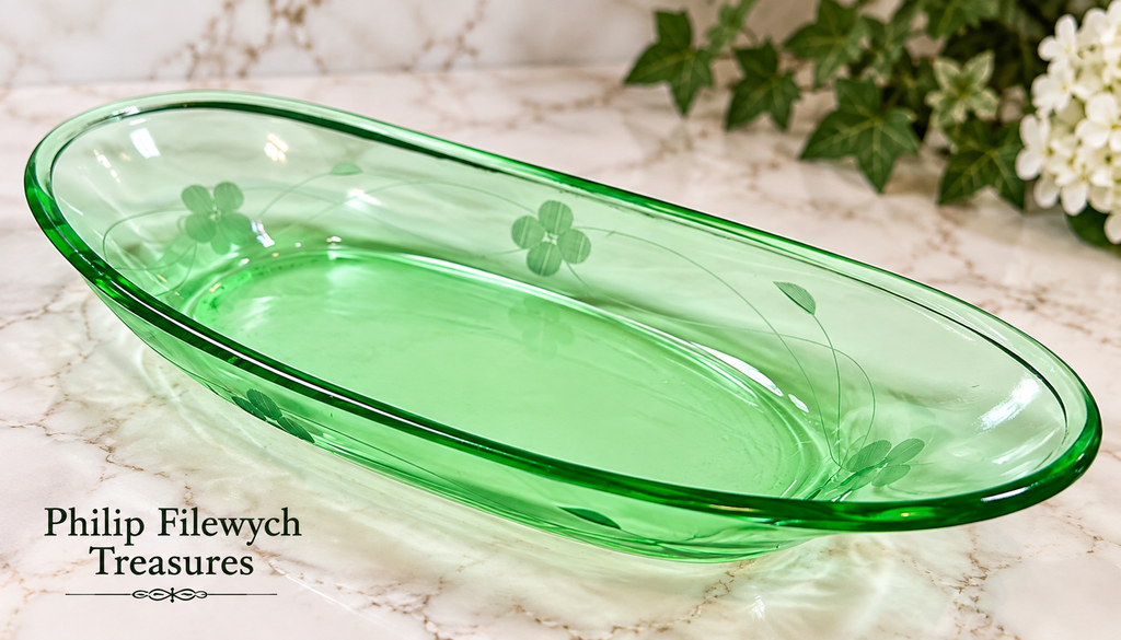SE-70--Vintage Anchor Hocking Green Depression Glass Oval Serving Relish Dish 12"