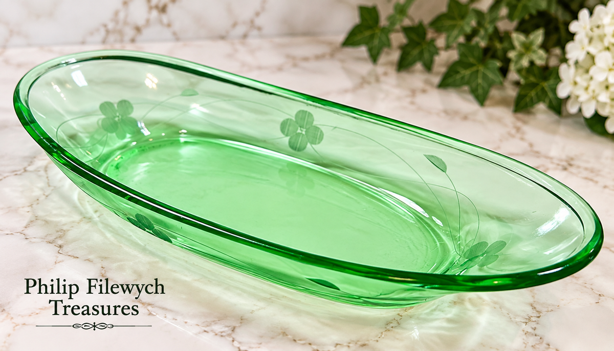 SE-70--Vintage Anchor Hocking Green Depression Glass Oval Serving Relish Dish 12"