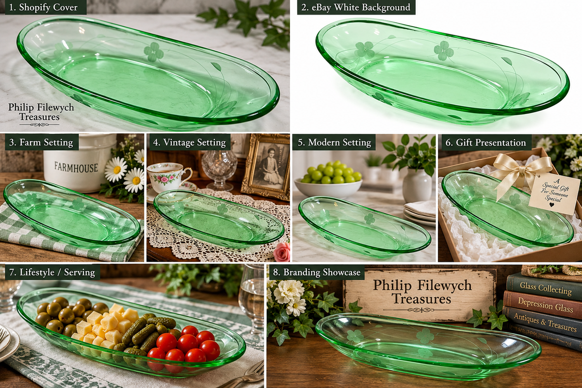SE-70--Vintage Anchor Hocking Green Depression Glass Oval Serving Relish Dish 12"