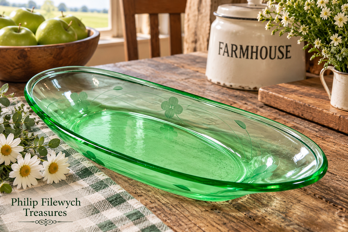 SE-70--Vintage Anchor Hocking Green Depression Glass Oval Serving Relish Dish 12"