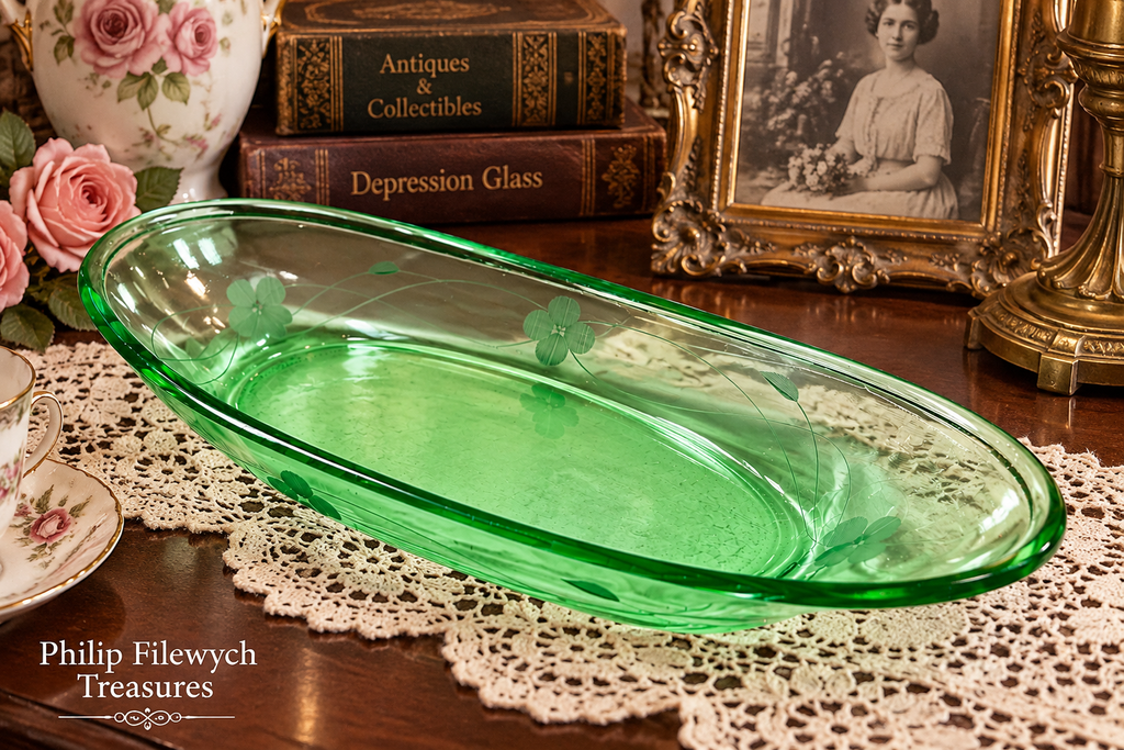 SE-70--Vintage Anchor Hocking Green Depression Glass Oval Serving Relish Dish 12"