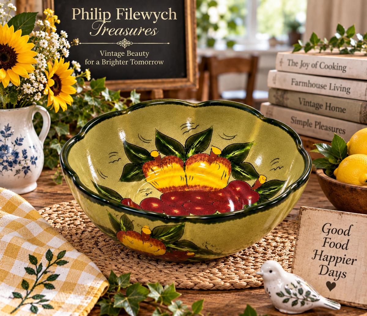 SB-72 Vintage 1950s Mexican Hand-Painted Ceramic Fruit Bowl – 10" Scalloped Rim – Hecho en MexicoSB-72 Vintage 1950s Mexican Hand-Painted Ceramic Fruit Bowl – 10" Scalloped Rim – Hecho en Mexico