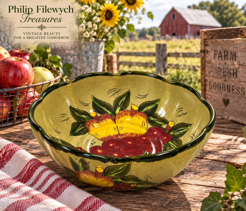 SB-72 Vintage 1950s Mexican Hand-Painted Ceramic Fruit Bowl – 10" Scalloped Rim – Hecho en MexicoSB-72 Vintage 1950s Mexican Hand-Painted Ceramic Fruit Bowl – 10" Scalloped Rim – Hecho en Mexico