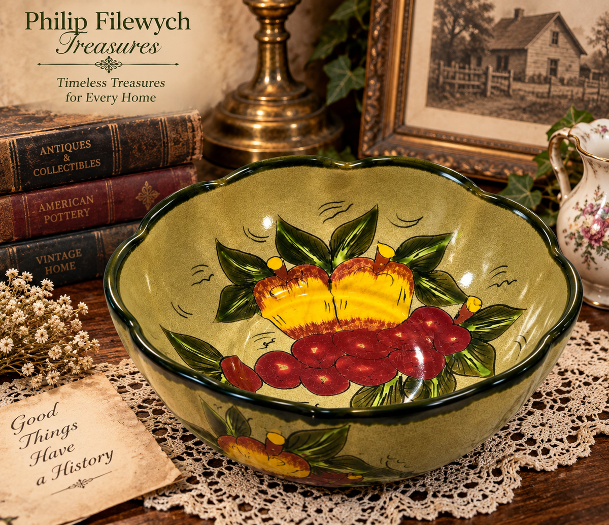 SB-72 Vintage 1950s Mexican Hand-Painted Ceramic Fruit Bowl – 10" Scalloped Rim – Hecho en MexicoSB-72 Vintage 1950s Mexican Hand-Painted Ceramic Fruit Bowl – 10" Scalloped Rim – Hecho en Mexico