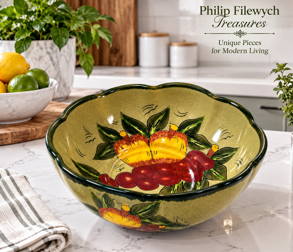 SB-72 Vintage 1950s Mexican Hand-Painted Ceramic Fruit Bowl – 10" Scalloped Rim – Hecho en MexicoSB-72 Vintage 1950s Mexican Hand-Painted Ceramic Fruit Bowl – 10" Scalloped Rim – Hecho en Mexico