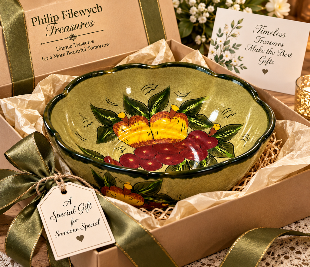 SB-72 Vintage 1950s Mexican Hand-Painted Ceramic Fruit Bowl – 10" Scalloped Rim – Hecho en MexicoSB-72 Vintage 1950s Mexican Hand-Painted Ceramic Fruit Bowl – 10" Scalloped Rim – Hecho en Mexico