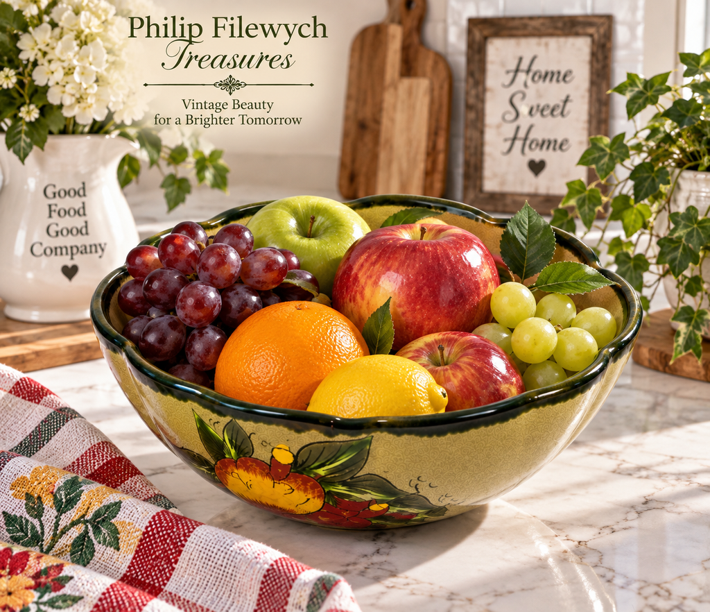 SB-72 Vintage 1950s Mexican Hand-Painted Ceramic Fruit Bowl – 10" Scalloped Rim – Hecho en MexicoSB-72 Vintage 1950s Mexican Hand-Painted Ceramic Fruit Bowl – 10" Scalloped Rim – Hecho en Mexico