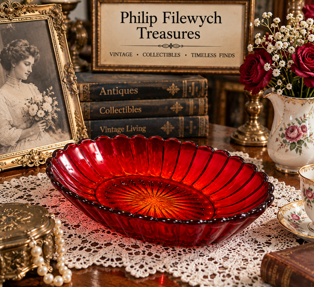 SB-75--Vintage Imperial Glass Ruby Red Pillar & Flute Oval Serving Bowl 8.25"