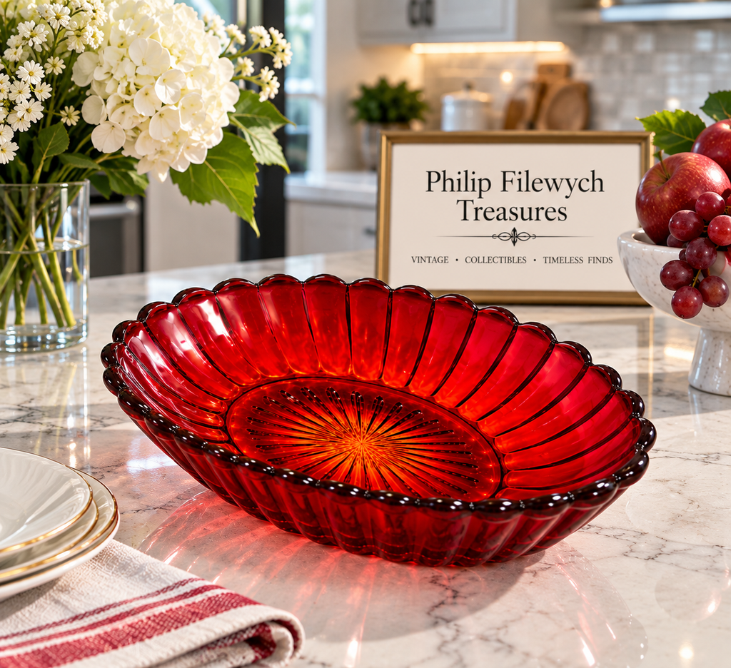 SB-75--Vintage Imperial Glass Ruby Red Pillar & Flute Oval Serving Bowl 8.25"