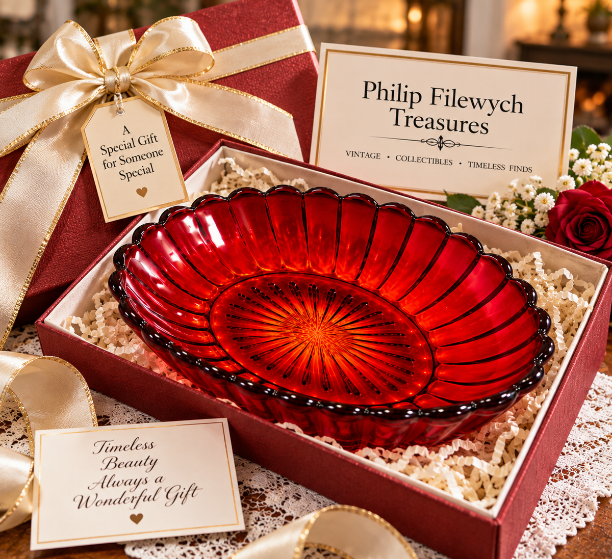 SB-75--Vintage Imperial Glass Ruby Red Pillar & Flute Oval Serving Bowl 8.25"