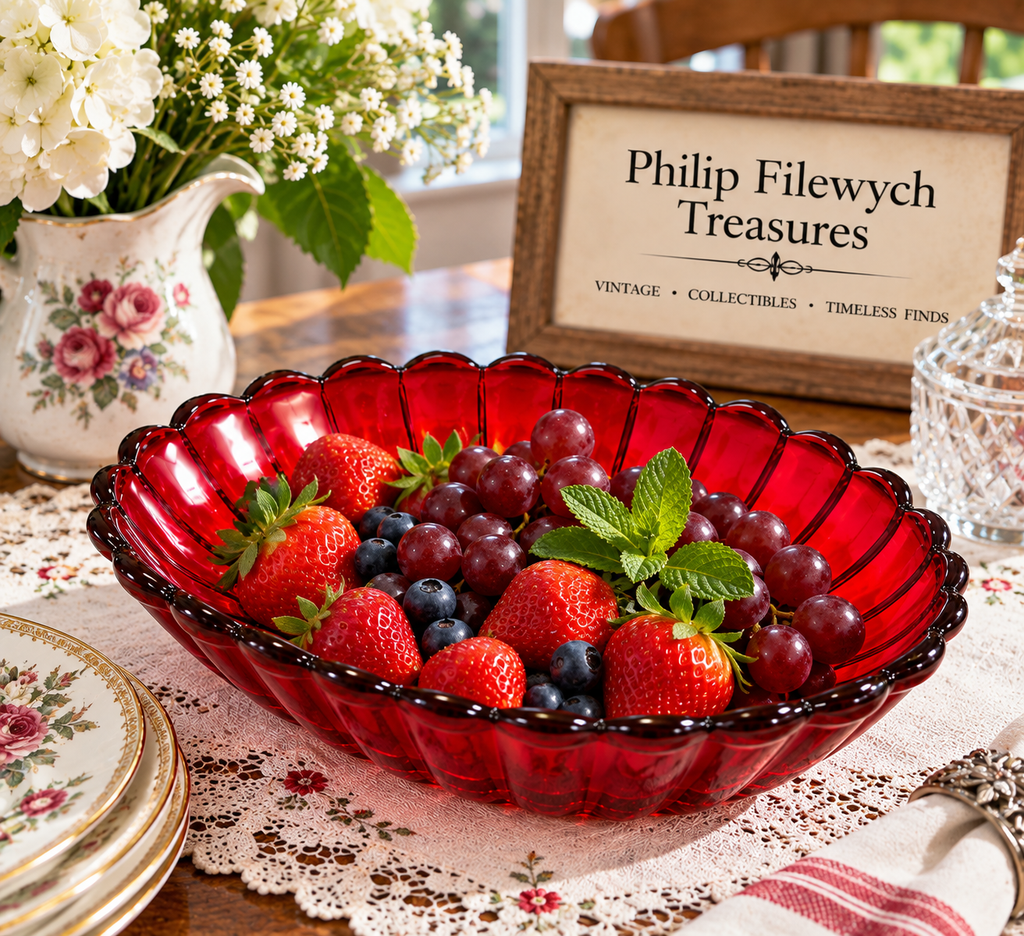 SB-75--Vintage Imperial Glass Ruby Red Pillar & Flute Oval Serving Bowl 8.25"