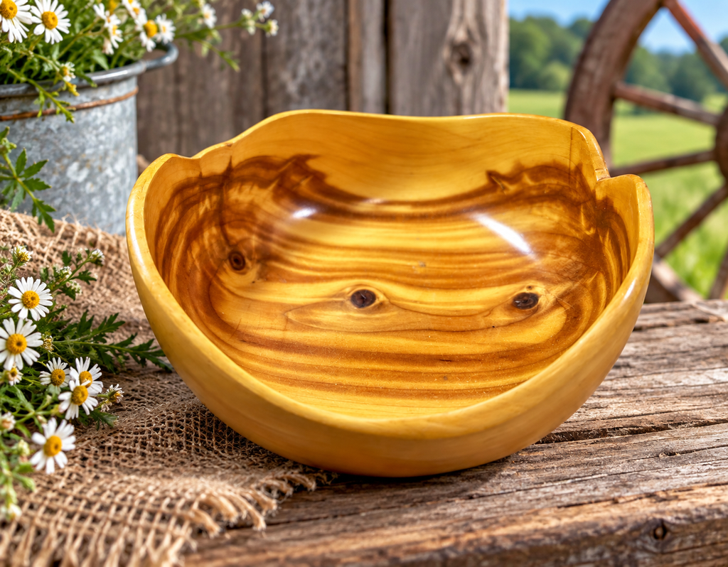 SB-80 hand-carved wooden salad bowl displayed in a rustic farm setting
