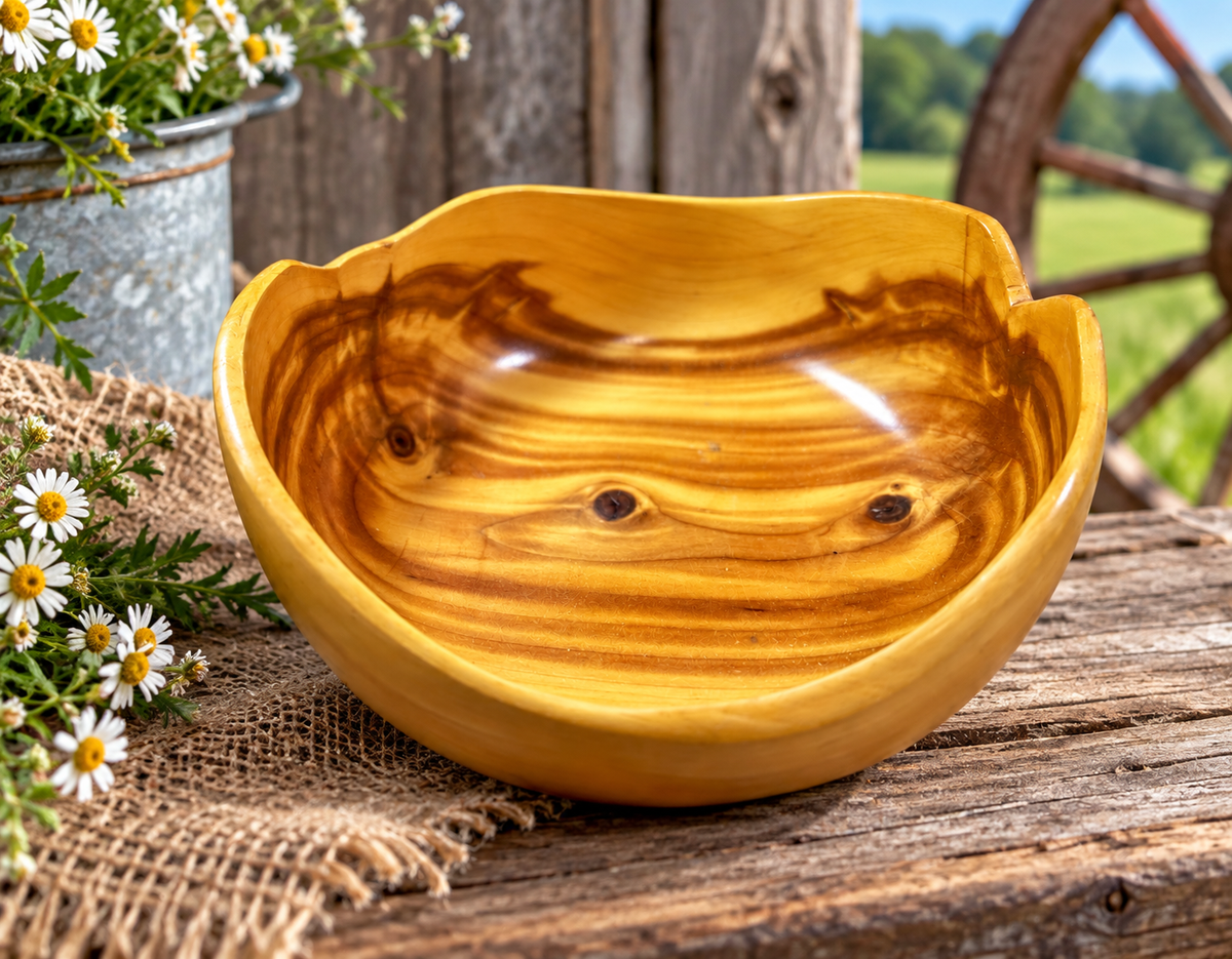 SB-80 hand-carved wooden salad bowl displayed in a rustic farm setting