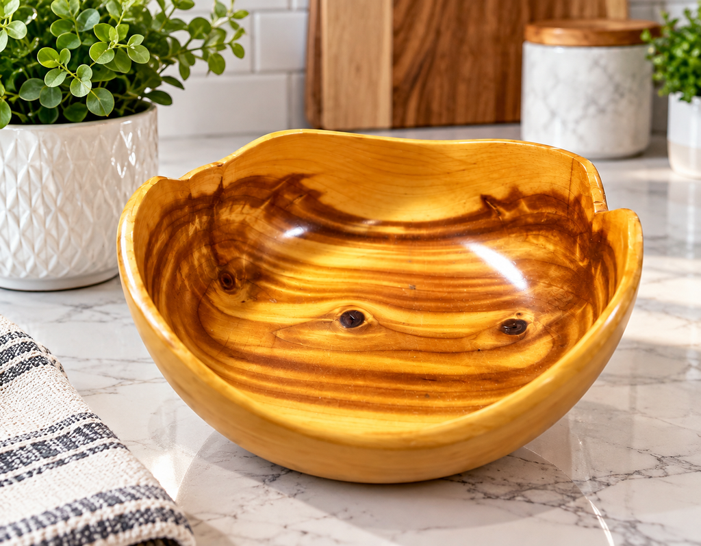 SB-80 hand-carved wooden salad bowl displayed in a modern home setting