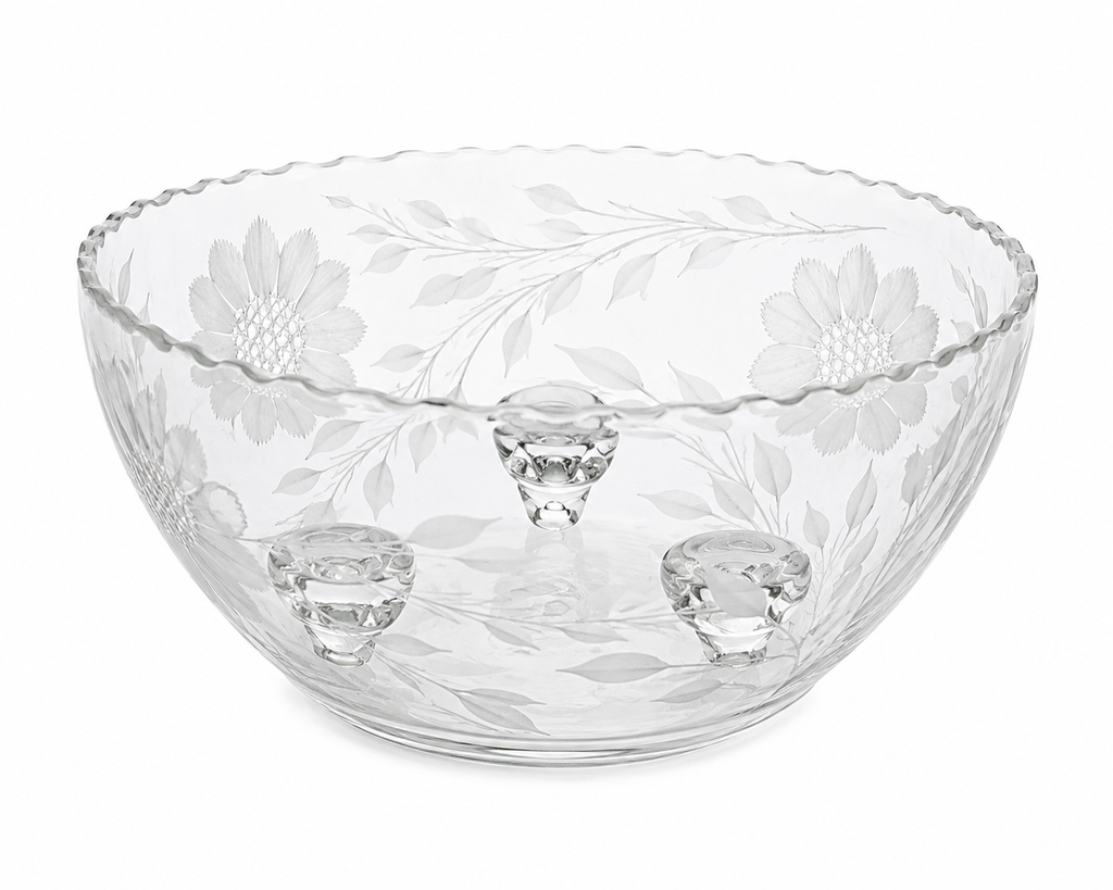 SB-25 Vintage French Clear Glass Bowl – Wheat & Floral Enameled Pattern – Made in France