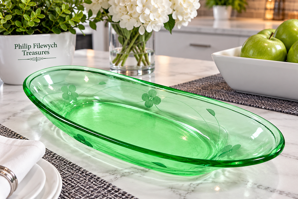 SE-70--Vintage Anchor Hocking Green Depression Glass Oval Serving Relish Dish 12"
