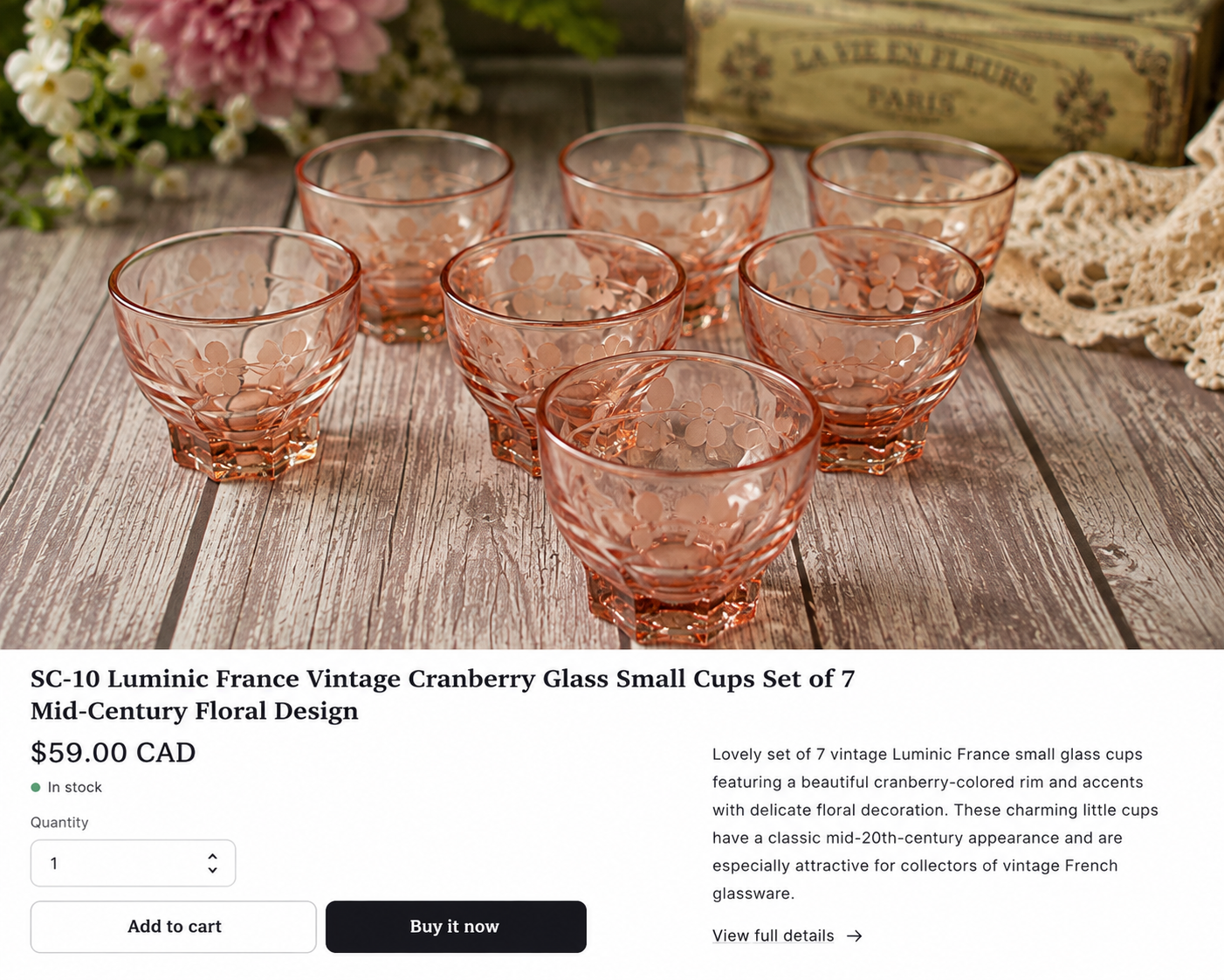 SC-10 Luminic France Vintage Cranberry Glass Small Cups Set of 7 Mid-Century Floral Design