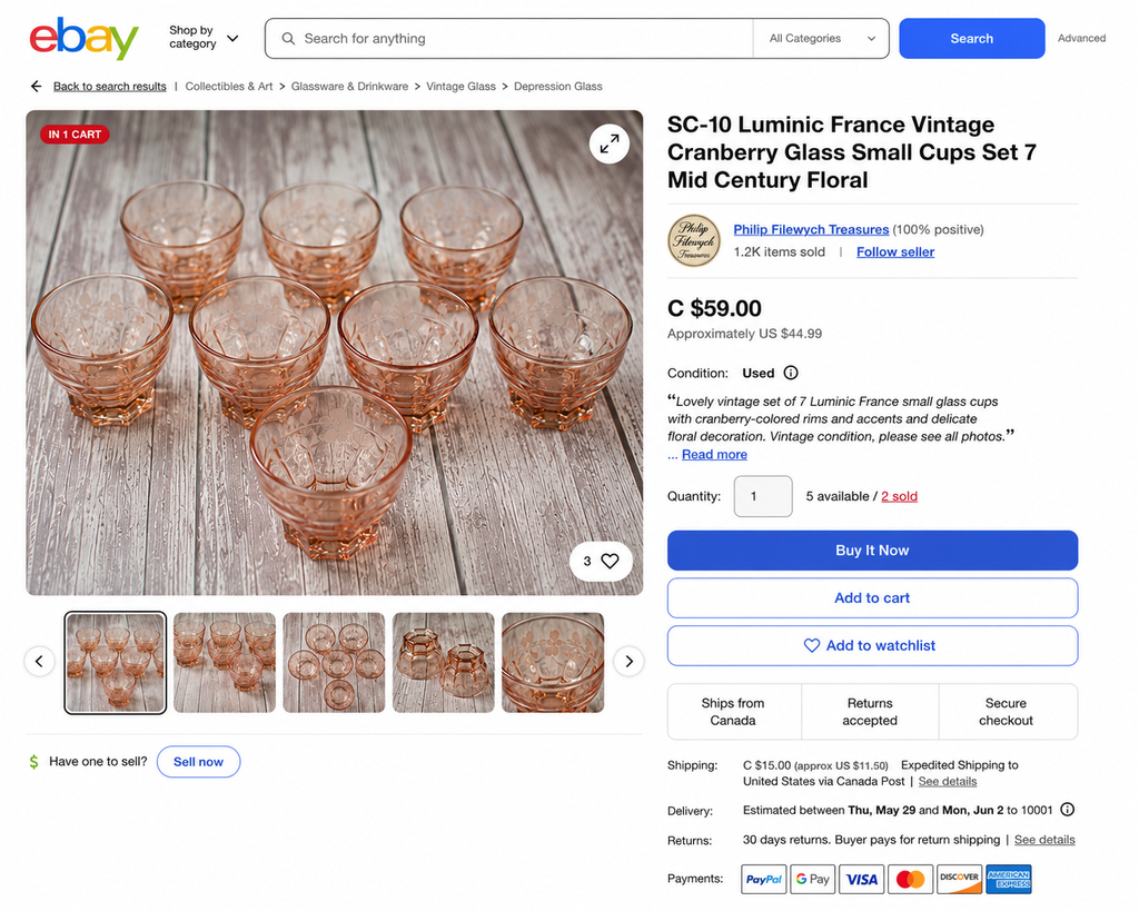 SC-10 Luminic France Vintage Cranberry Glass Small Cups Set of 7 Mid-Century Floral Design