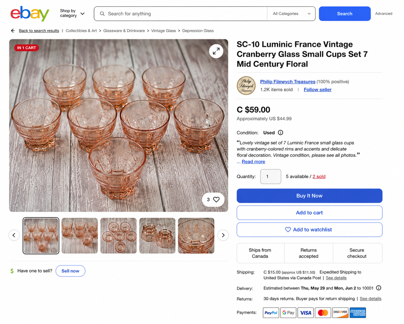 SC-10 Luminic France Vintage Cranberry Glass Small Cups Set of 7 Mid-Century Floral Design