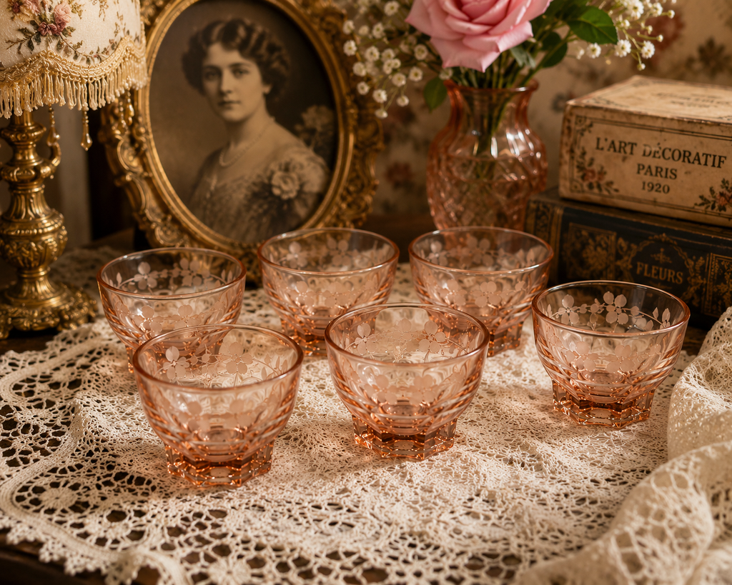 SC-10 Luminic France Vintage Cranberry Glass Small Cups Set of 7 Mid-Century Floral Design