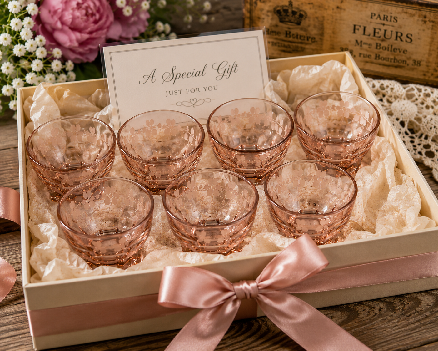 SC-10 Luminic France Vintage Cranberry Glass Small Cups Set of 7 Mid-Century Floral Design