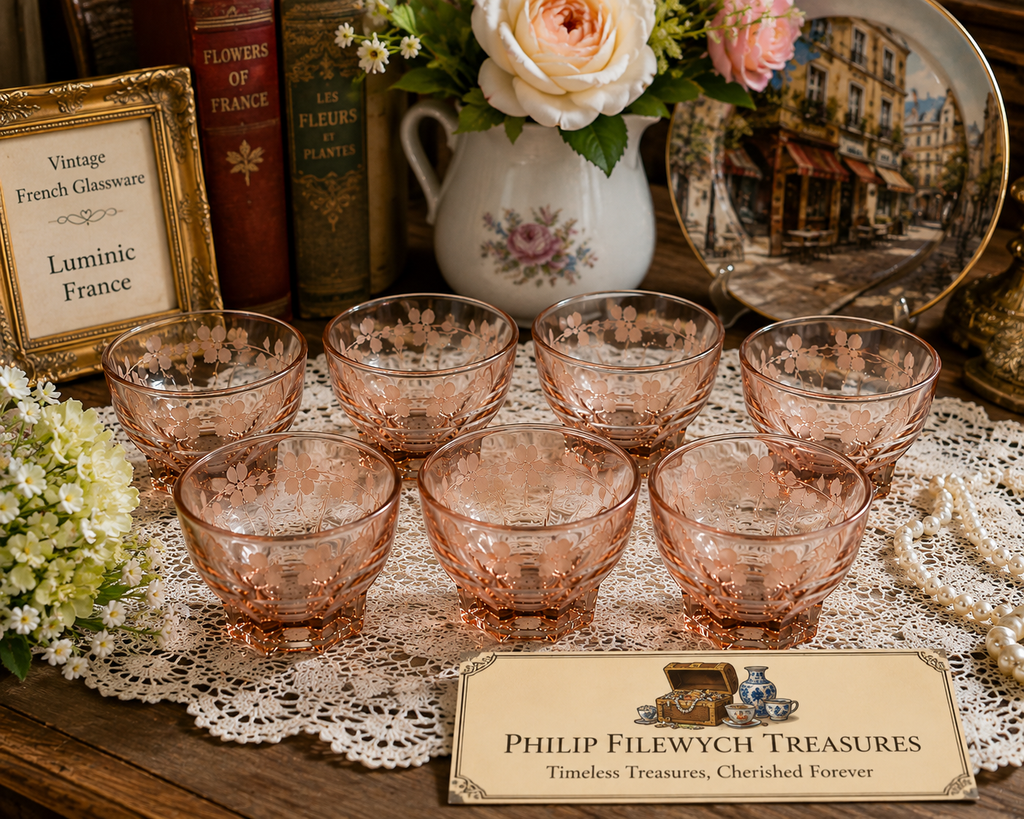 SC-10 Luminic France Vintage Cranberry Glass Small Cups Set of 7 Mid-Century Floral Design