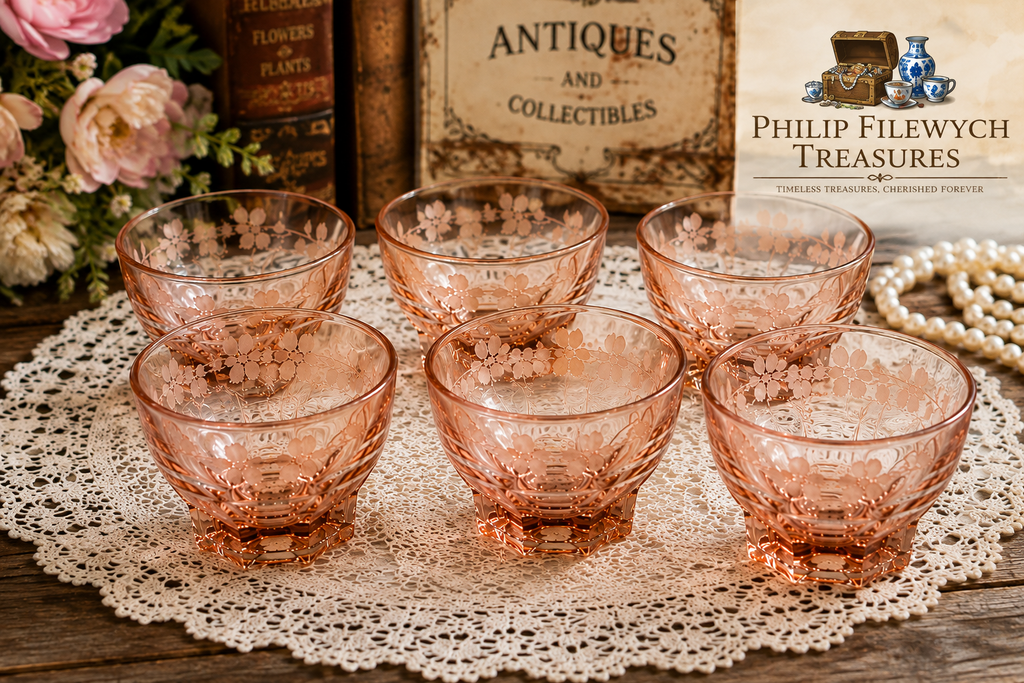 SC-10 Luminic France Vintage Cranberry Glass Small Cups Set of 7 Mid-Century Floral Design