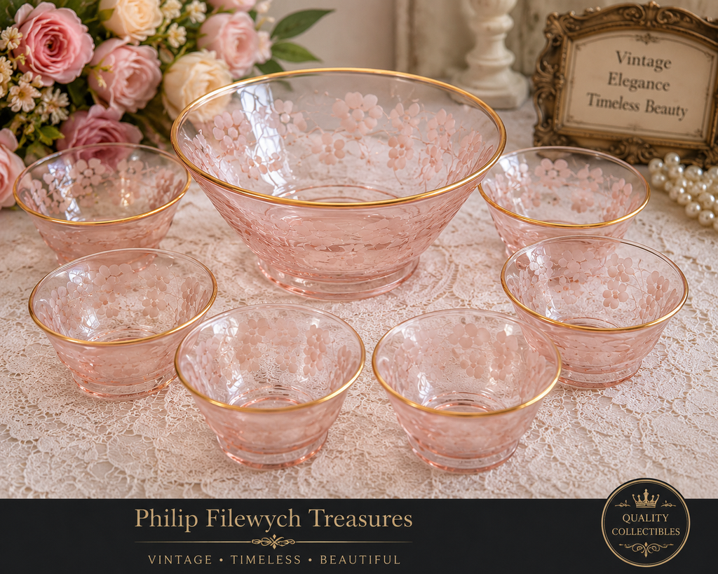 SC-20--Vintage Pink Glass 7-Piece Dessert Bowl Set – Grape & Leaf Design, Gold Rim