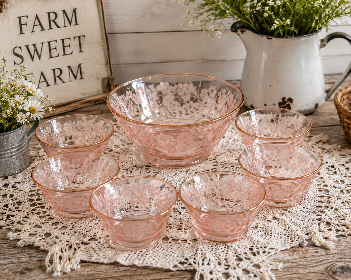SC-20--Vintage Pink Glass 7-Piece Dessert Bowl Set – Grape & Leaf Design, Gold Rim