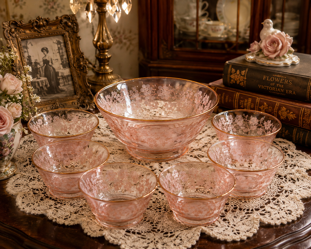 SC-20--Vintage Pink Glass 7-Piece Dessert Bowl Set – Grape & Leaf Design, Gold Rim