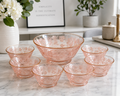 SC-20--Vintage Pink Glass 7-Piece Dessert Bowl Set – Grape & Leaf Design, Gold Rim