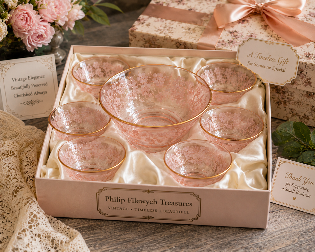SC-20--Vintage Pink Glass 7-Piece Dessert Bowl Set – Grape & Leaf Design, Gold Rim