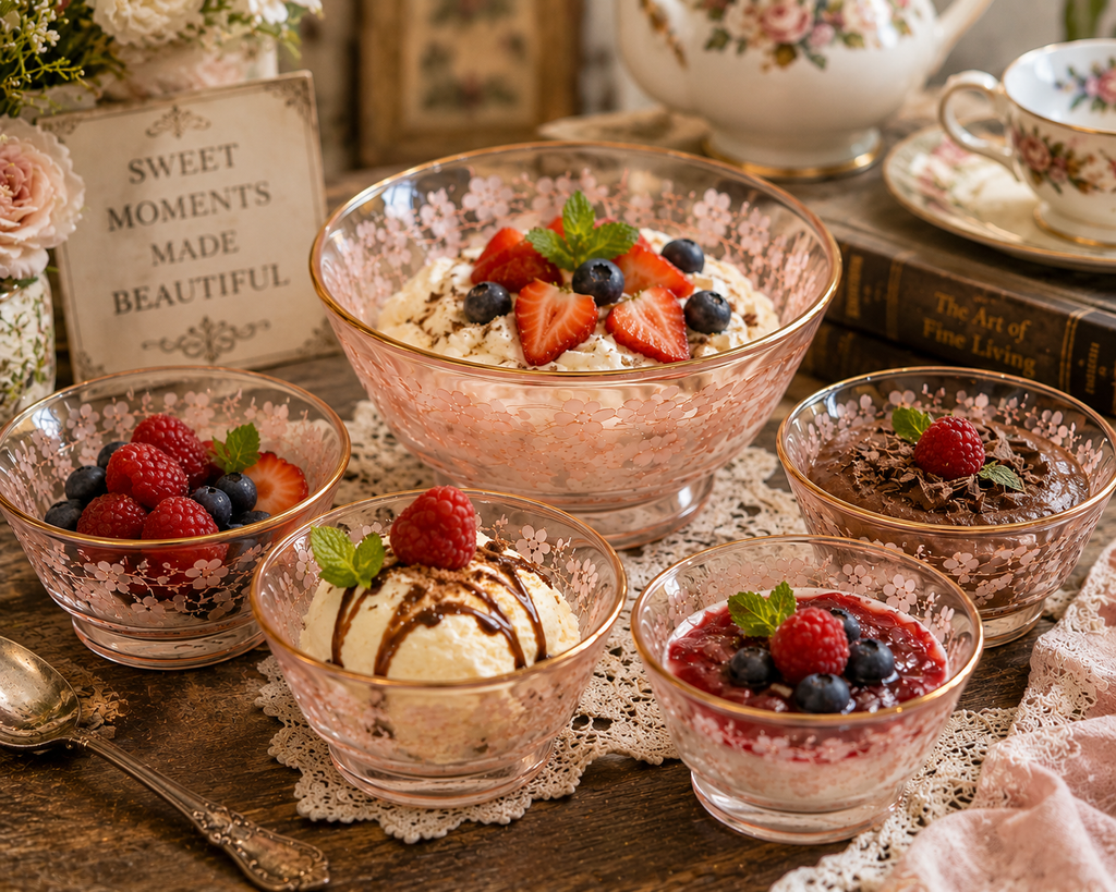 SC-20--Vintage Pink Glass 7-Piece Dessert Bowl Set – Grape & Leaf Design, Gold Rim