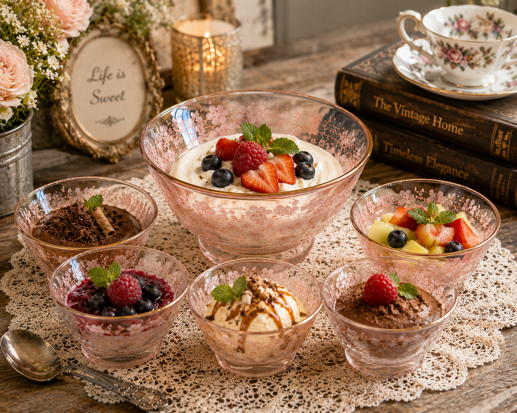 SC-20--Vintage Pink Glass 7-Piece Dessert Bowl Set – Grape & Leaf Design, Gold Rim
