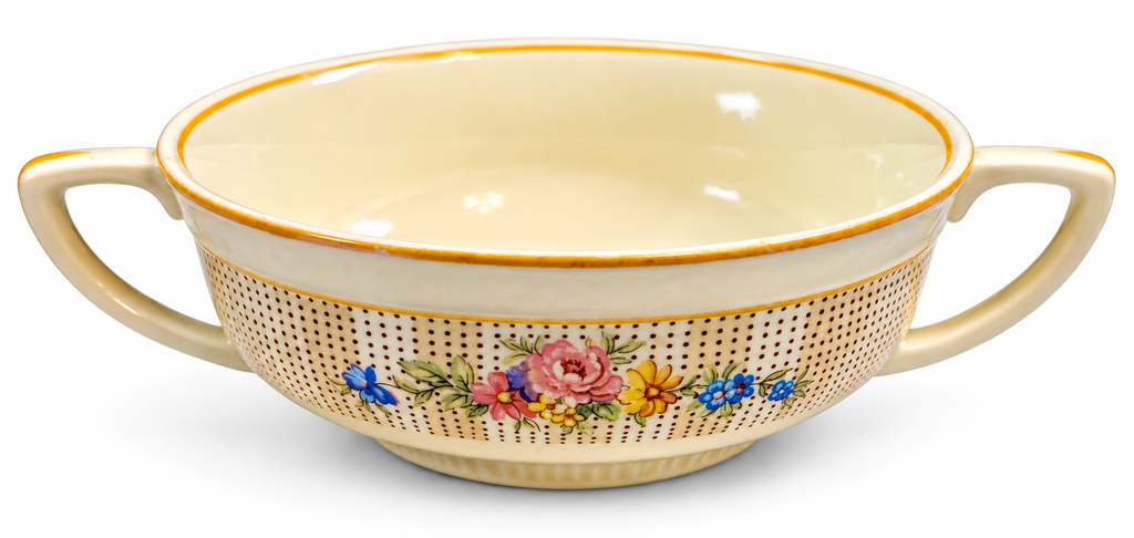 SC-25 vintage English Sunshine soup cup with two handles and floral pattern by E.G. Meakin