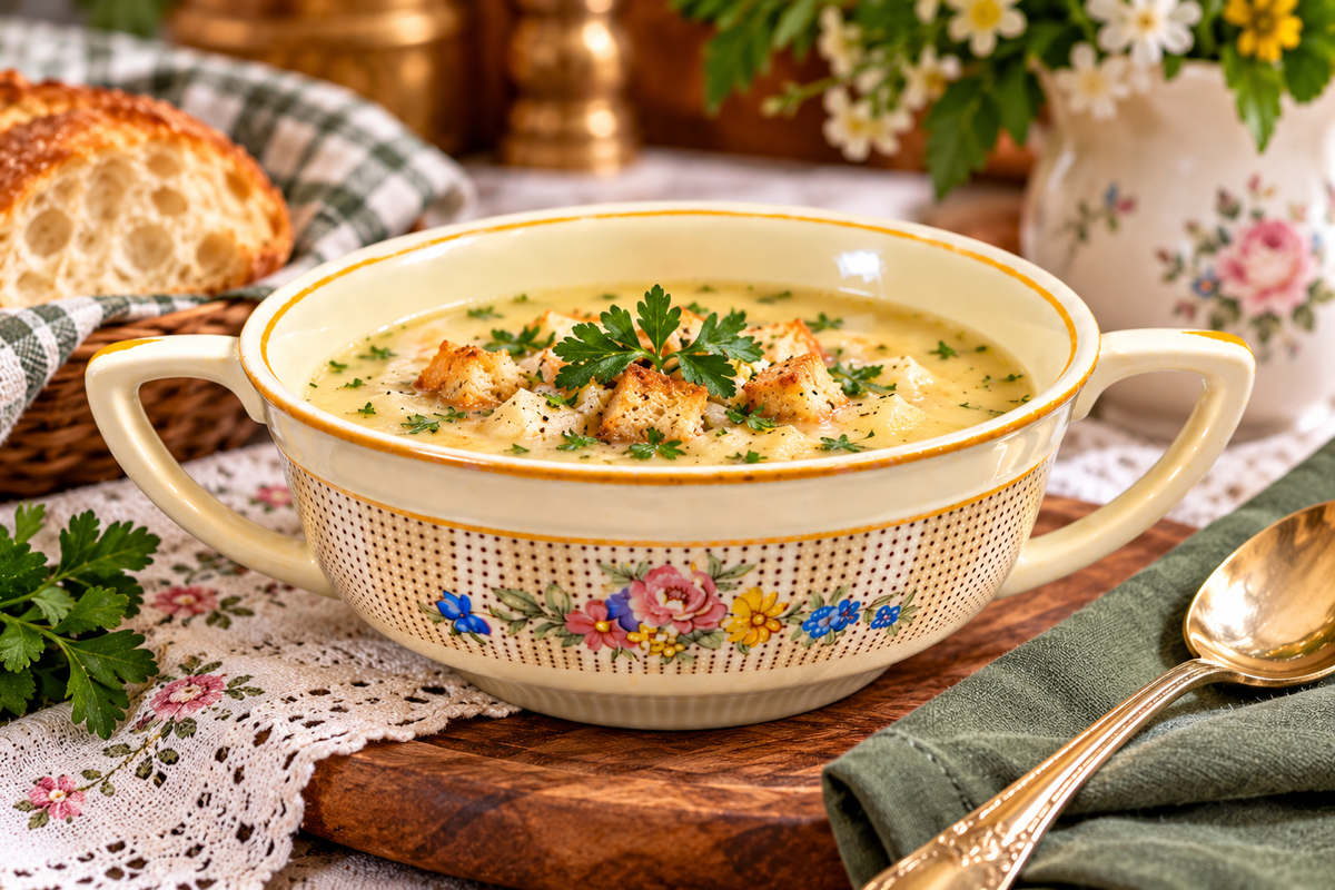 SC-25 vintage English Sunshine soup cup with two handles shown in use