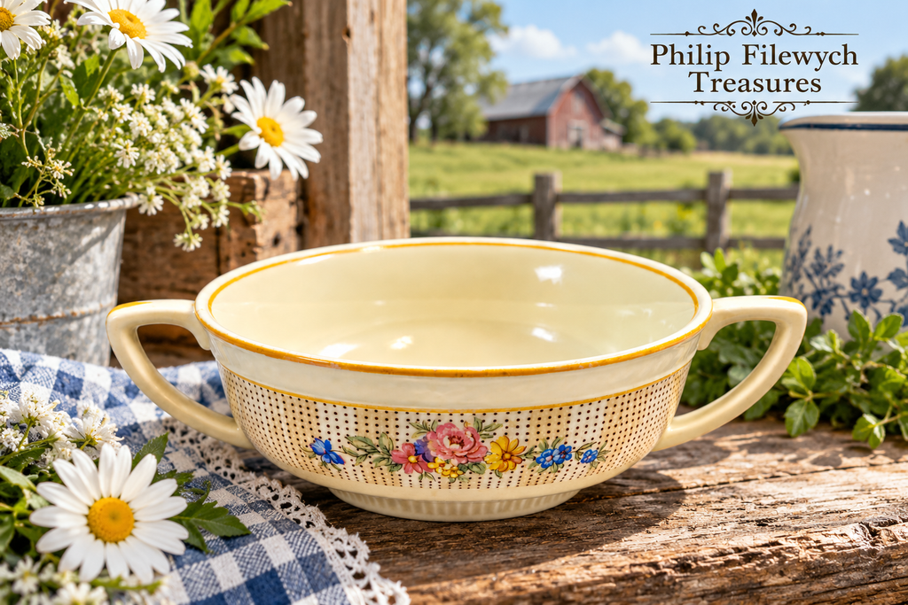 SC-25 vintage English floral soup cup with two handles displayed in a farm setting