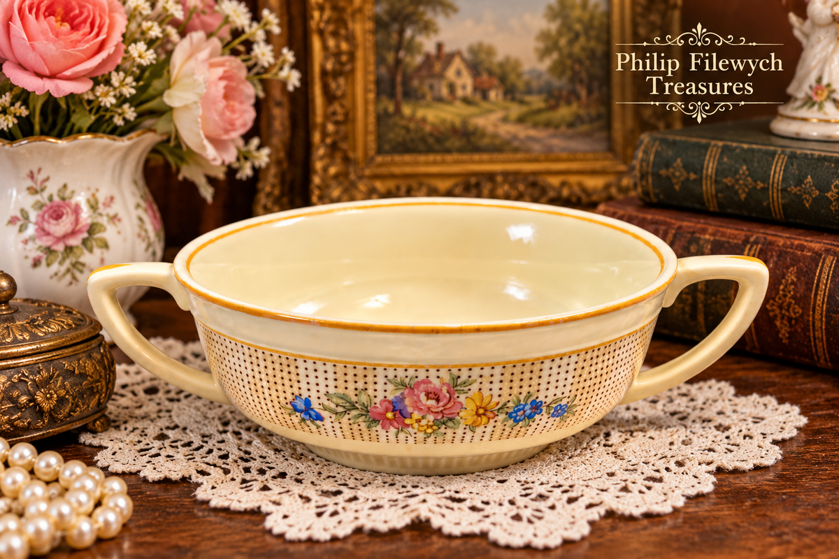 SC-25 E.G. Meakin Sunshine vintage soup cup with floral pattern in a vintage setting