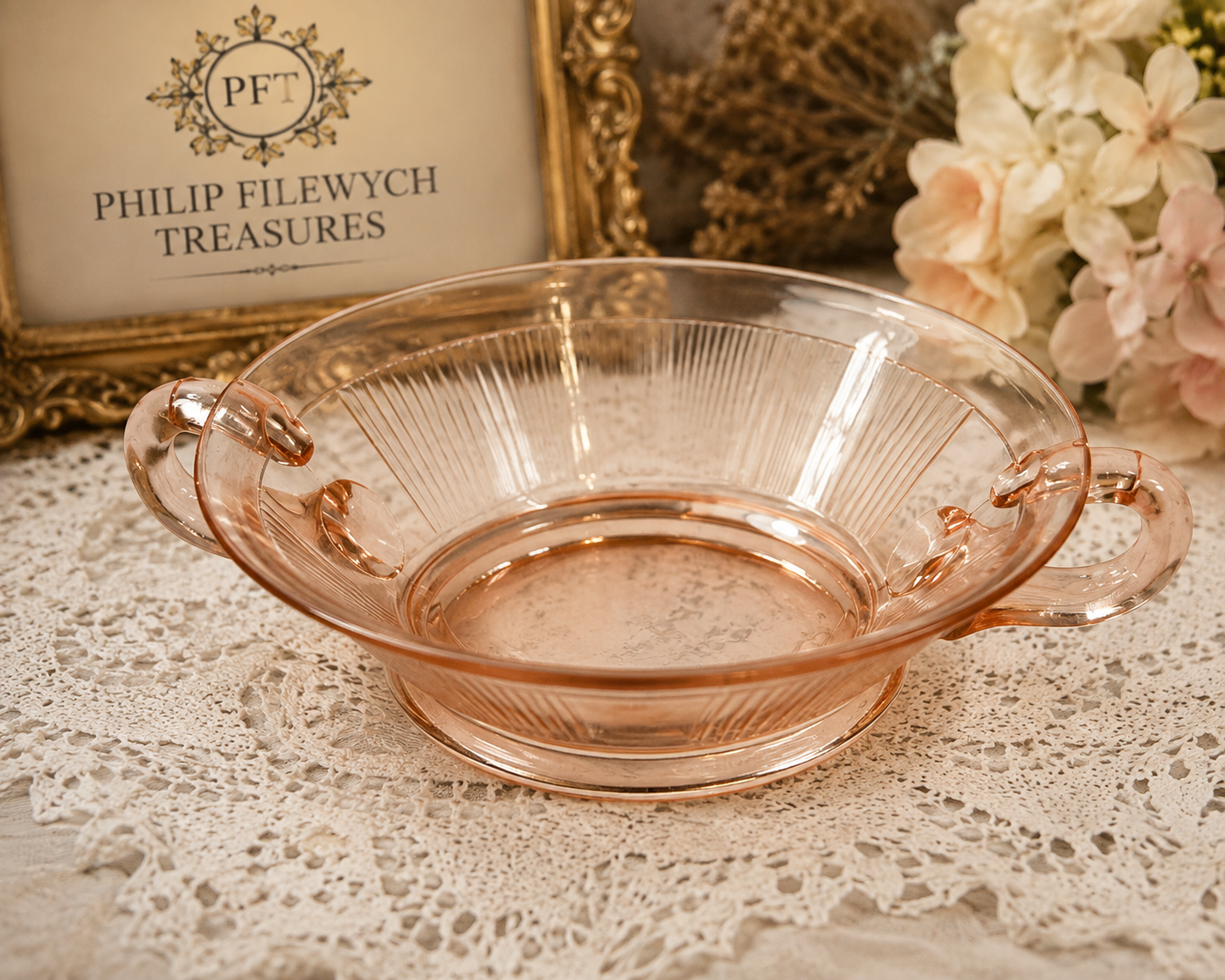 SD-60--Vintage Hocking Manhattan Pink Depression Glass Two-Handled Ribbed Serving Bowl