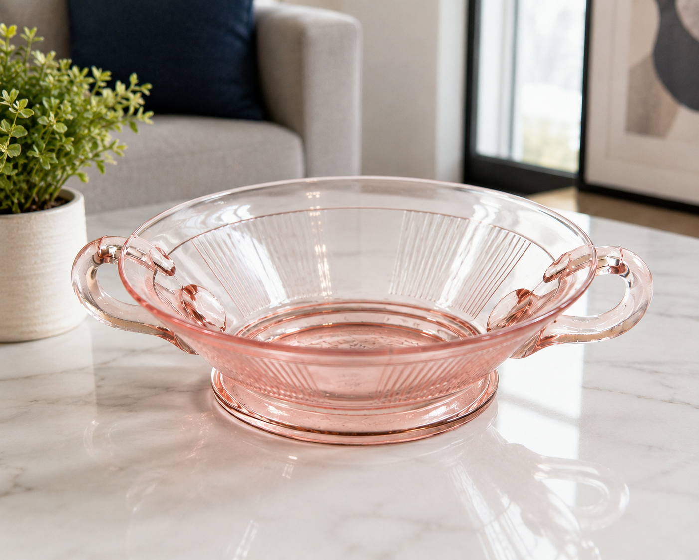 SD-60--Vintage Hocking Manhattan Pink Depression Glass Two-Handled Ribbed Serving Bowl