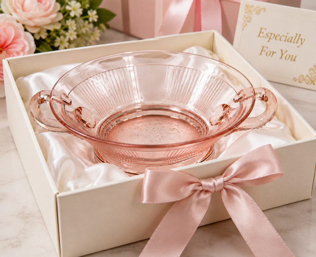 SD-60--Vintage Hocking Manhattan Pink Depression Glass Two-Handled Ribbed Serving Bowl