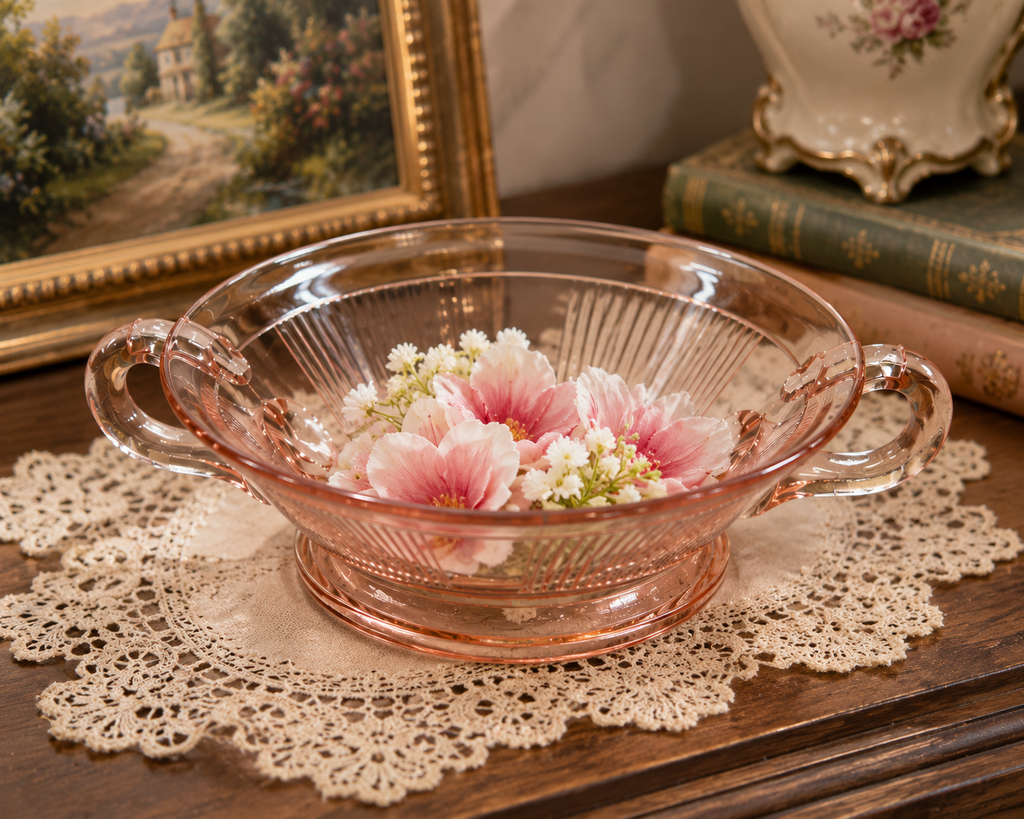 SD-60--Vintage Hocking Manhattan Pink Depression Glass Two-Handled Ribbed Serving Bowl